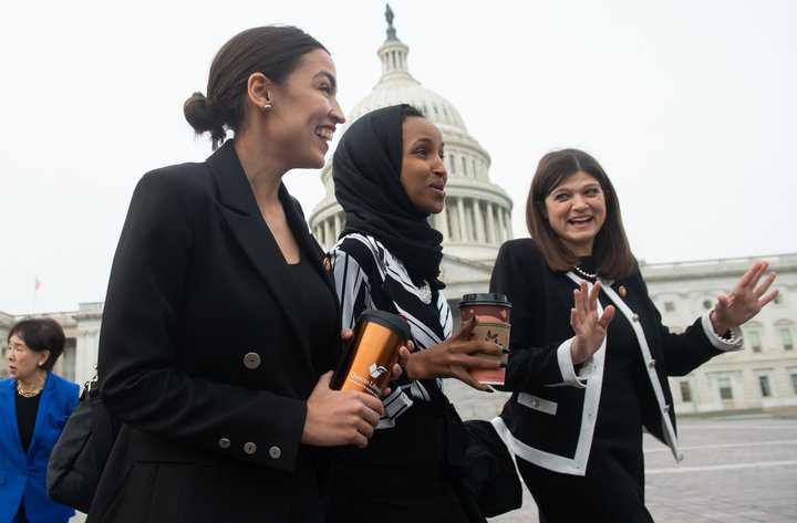 Reps. Ocasio-Cortez, Omar and&nbsp;Stevens&nbsp;join their fellow House Democratic women for a portrait in front of the U.S. 