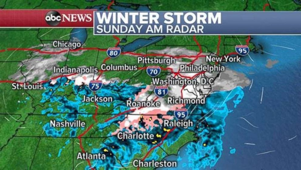PHOTO: The storm is moving into the Mid-Atlantic on Sunday morning with heavy snow.