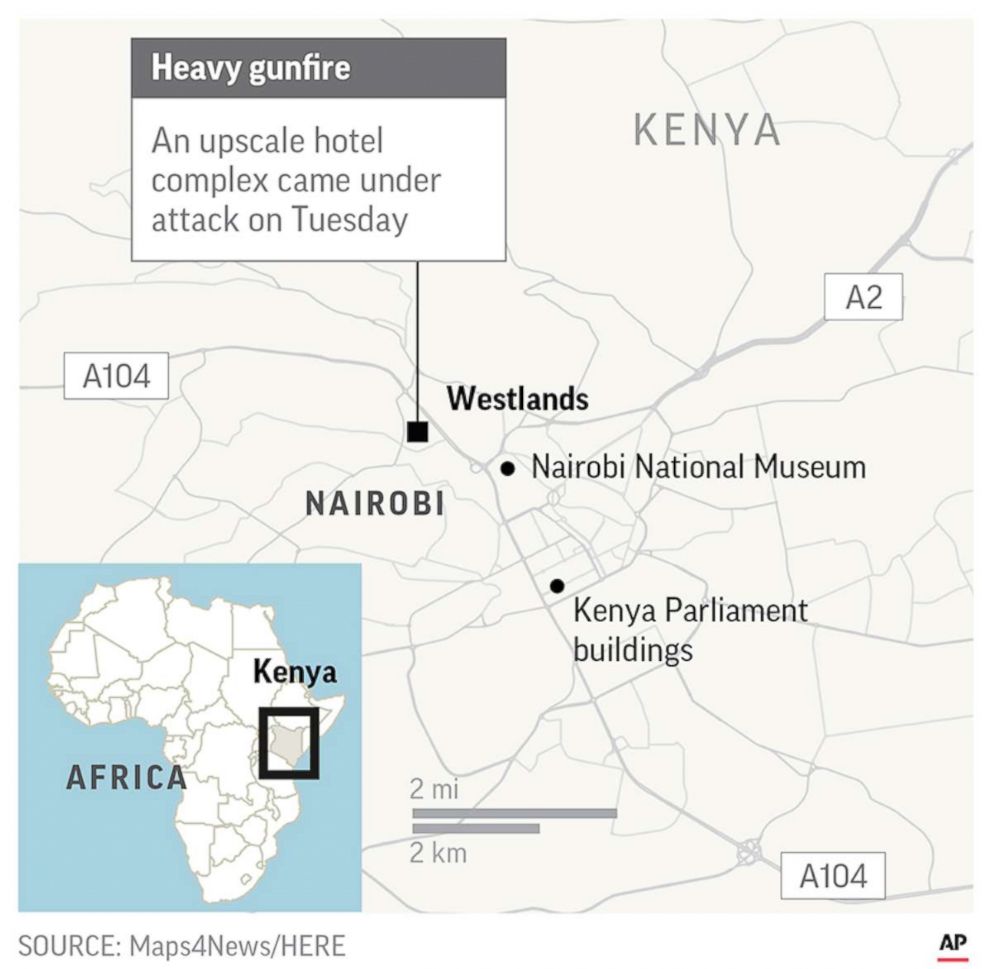 PHOTO: Map showing the location of an attack at a hotel in Nairobi, Kenya, Jan. 15, 2018.