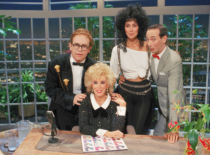 Elton John, Joan Rivers, Cher and&nbsp;Paul Reubens on the inaugural episode of&nbsp;&ldquo;The Late Show Starring Joan River