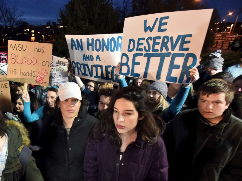 PHOTO: Demonstrators gather at The Rock on Michigan State Universitys East Lansing, Mich., campus to support victims of disgraced former sports doctor Larry Nassar and call for more changes in leadership at the university, Jan. 26, 2018.