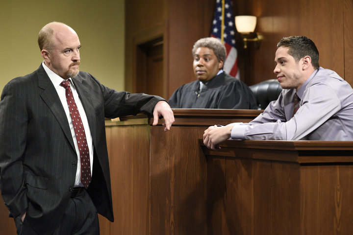 Host Louis C.K. as the lawyer, Kenan Thompson as a judge, and Pete Davidson as a witness during 'The Lawyer' sketch on "Satur