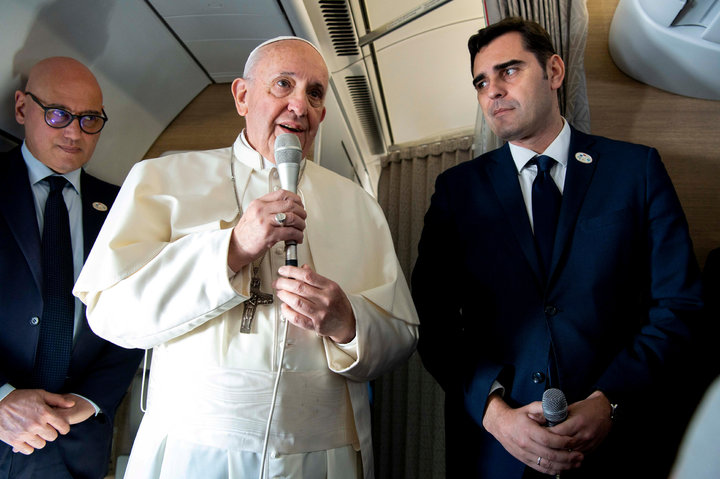 Pope Francis speaks during a news conference aboard a plane headed to Panama, January 23, 2019. Vatican Media via REUTERS THI