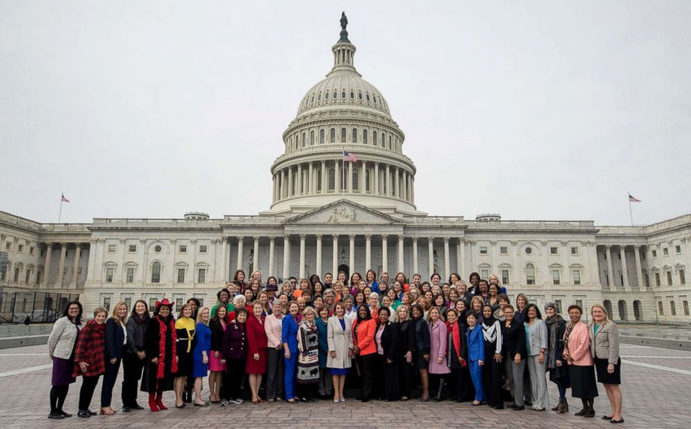 PHOTO: House Speaker Nancy Pelosi of Calif., center, poses with all House Democratic women members of the 116th Congress on the East Front Capitol Plaza on Capitol Hill in Washington, Jan. 4, 2019, as the 116th Congress begins.