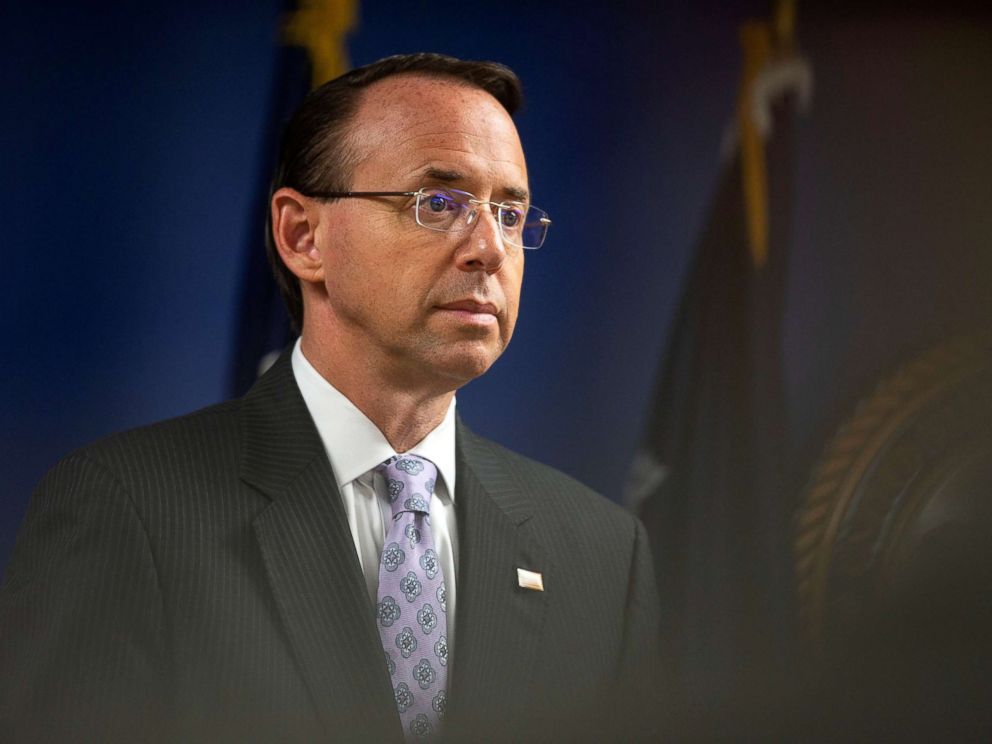 PHOTO: Deputy Attorney General Rod Rosenstein listens as U.S. Attorney General Jeff Sessions speaks during a news conference to announce efforts to reduce transnational crime, at the U.S. District Attorneys office, in Washington D.C., Oct. 15, 2018.