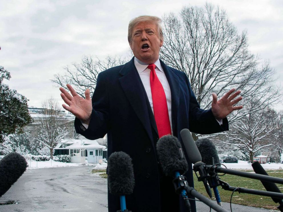 PHOTO: President Donald Trump speaks to the media as he departs the White House, Jan. 14, 2019, en route to New Orleans to address the annual American Farm Bureau Federation convention