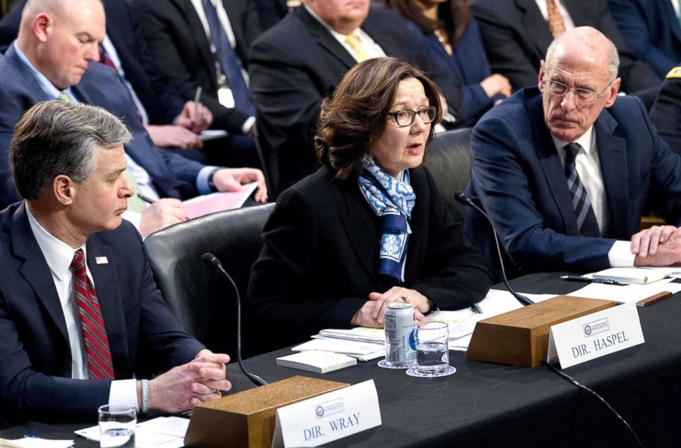 PHOTO: CIA Director Gina Haspel accompanied by FBI Director Christopher Wray and Director of National Intelligence Daniel Coats testifies before the Senate Intelligence Committee on Capitol Hill in Washington. Jan. 29, 2019.