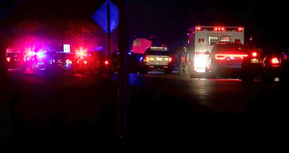 PHOTO: In this image made from a video provided by FOX19Now.com lights illuminate police vehicles as authorities respond to a standoff at an apartment complex in Ohio, about 20 miles east of Cincinnati, Feb. 3, 2019.