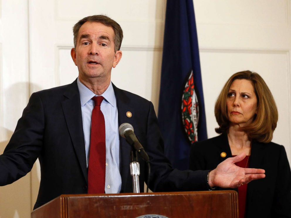 PHOTO: Virginia Gov. Ralph Northam, left, accompanied by his wife, Pam, speaks during a news conference in the governors mansion in Richmond, Va.