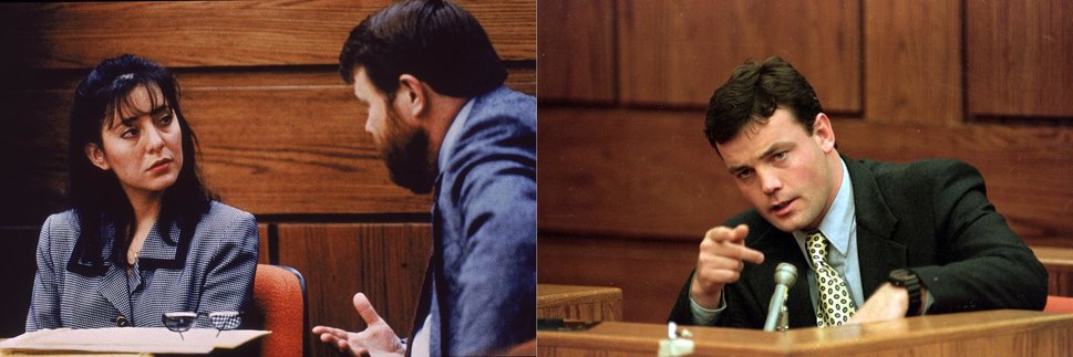 Lorena Bobbitt and her lawyer James Lowe (left) and John Wayne Bobbitt (right) during her trial in 1994.&nbsp;