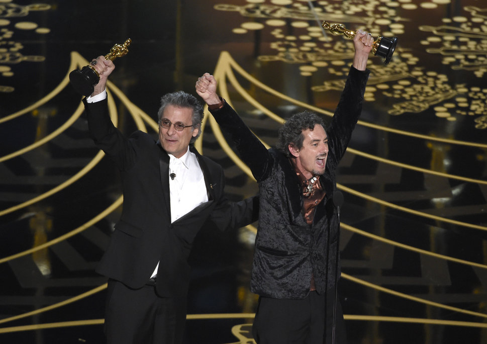 Mark Mangini and David White accept the Best Sound Editing Oscar for "Mad Max: Fury Road" in&nbsp;February 2016.
