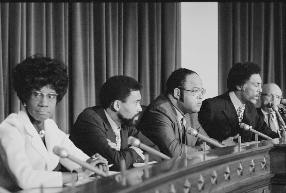 Members of the original Congressional Black Caucus sit on the Congressional dais in 1971.&nbsp;