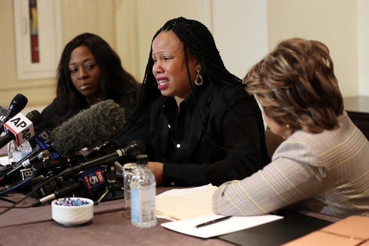 Rochelle Washington (left), Latresa Scaff (center) and attorney Gloria Allred speak at the press conference as two new accuse