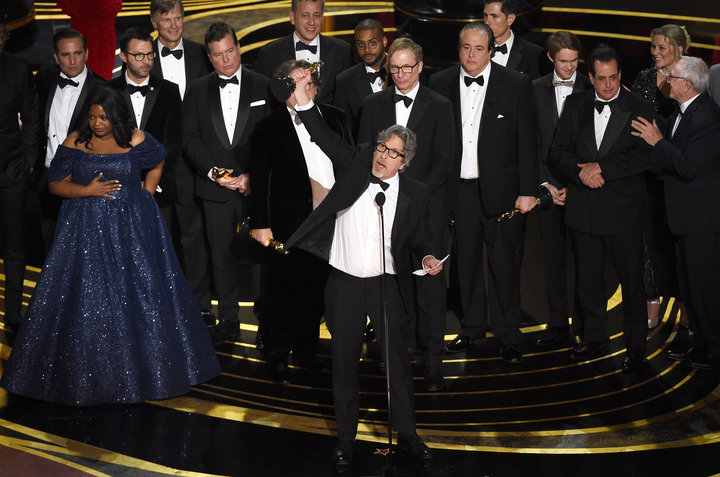 Peter Farrelly accepting Best Picture at the Oscars.