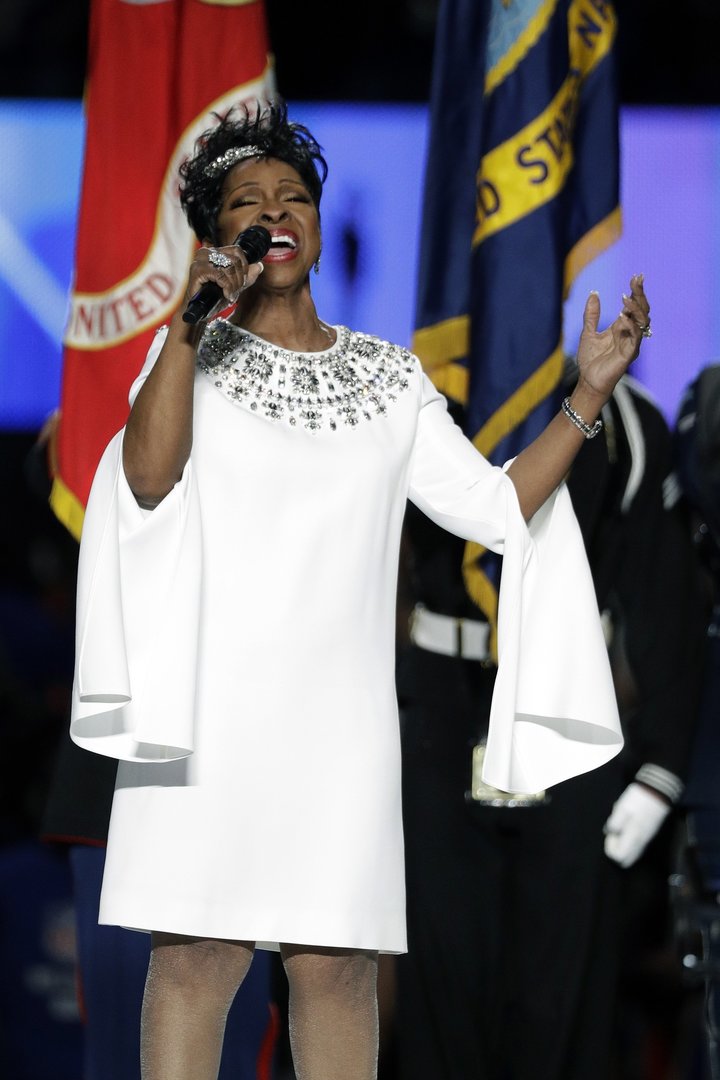 Gladys Knight singing the national anthem at Super Bowl LIII between the New England Patriots and the Los Angeles Rams in Atl