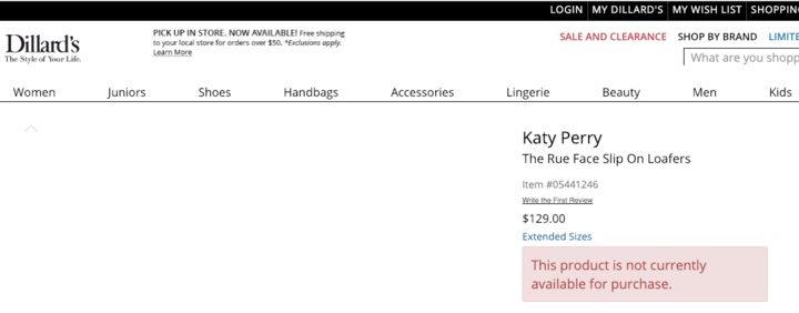 How the page for Katy Perry&rsquo;s &ldquo;Rue Face Slip On Loafers&rdquo; looked at one point on Dillard&rsquo;s website Mon