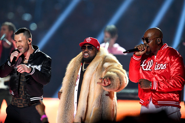 Adam Levine of Maroon 5, Big Boi, and Sleepy Brown perform during the Pepsi Super Bowl LIII Halftime Show at Mercedes-Benz St