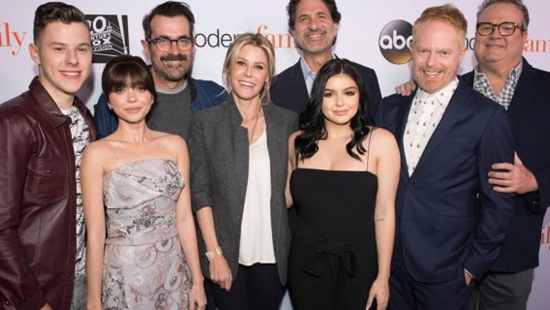 From l-r: "Modern Family" cast members Nolan Gould (Luke Dunphy), Sarah Hyland (Haley Dunphy), Ty Burrell (Phil Dunphy), Julie Bowen (Claire Dunphy), creator Steven Levitan, Ariel Winter (Alex Dunphy), Jesse Tyler Ferguson (Mitchell Pritchett) and Eric Stonestreet (Cameron Tucker).