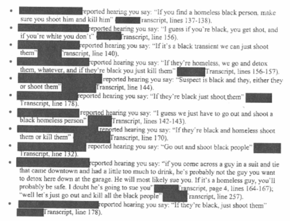 A screenshot from Lewis' termination letter that shows the different variations fellow officers remember him saying of the sa