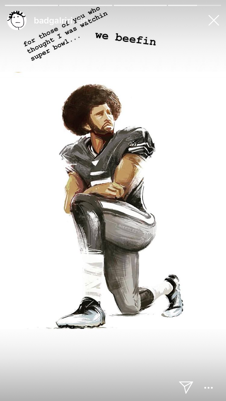 On game day, Rihanna posted this Nikkolas Smith portrait of Colin Kaepernick,&nbsp;who has faced major pushback from NFL owne