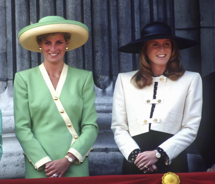 Diana, Princess of Wales, and Sarah, Duchess of York, attend the 50th Anniversary of The Battle of Britain Parade from the ba