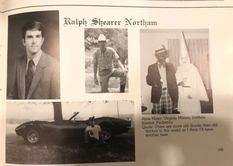 PHOTO: This image shows Virginia Gov. Ralph Northams page in his 1984 Eastern Virginia Medical School yearbook. The page shows a picture of a person in blackface and another wearing a Ku Klux Klan hood next to different pictures of the governor.