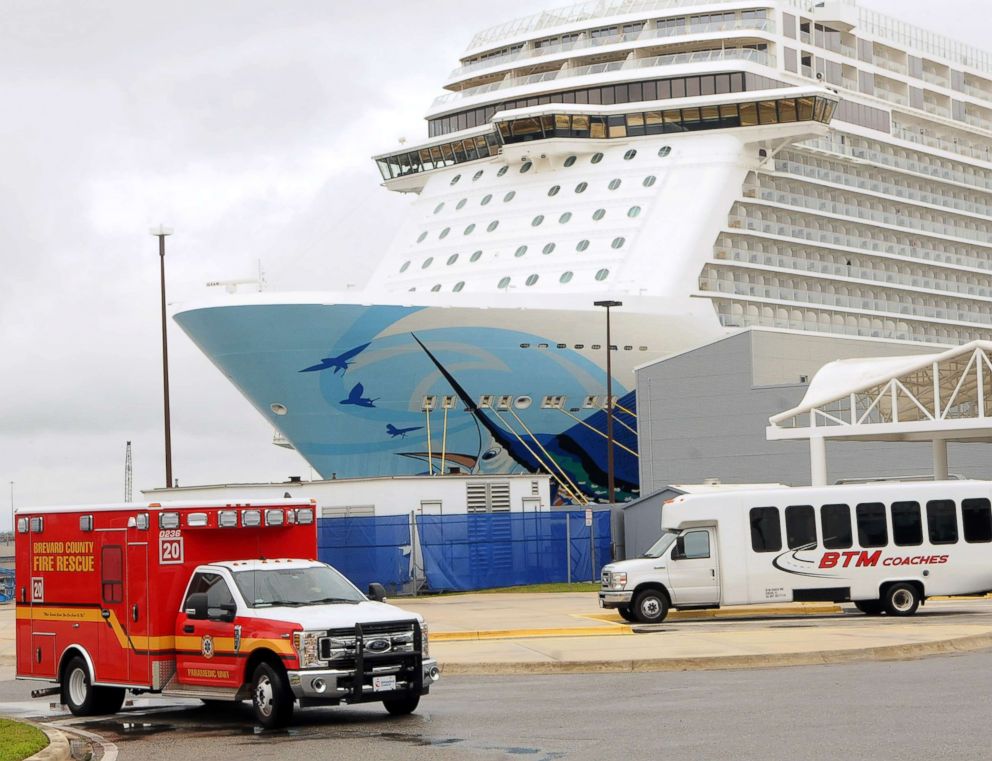 PHOTO: An ambulance departs the Norwegian Escape cruise ship during a port of call at Port Canaveral, Fla., March 5, 2019. 