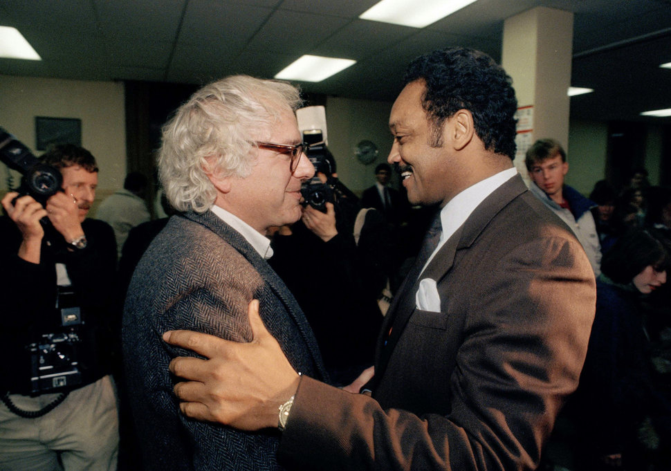 Bernie Sanders, then-mayor of Burlington, Vermont, greets then-presidential candidate Jesse Jackson at a campaign rally in 19