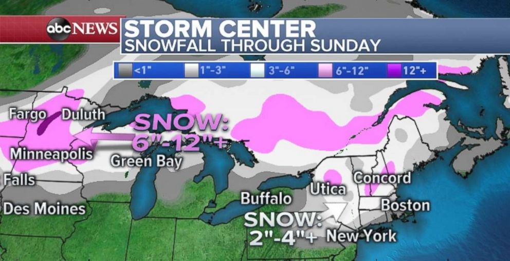 PHOTO: Snowfall will be heaviest in Minnesota, with a few inches also possible in northern New York and New England.
