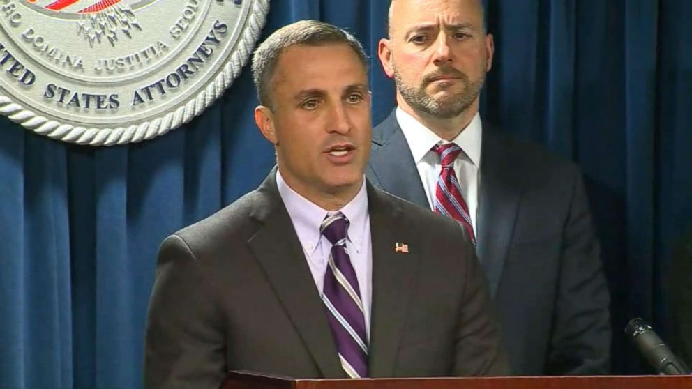 PHOTO: Joseph R. Bonavolonta, special agent in charge of the Boston Field Office speaks at a press conference on March 12, 2019.