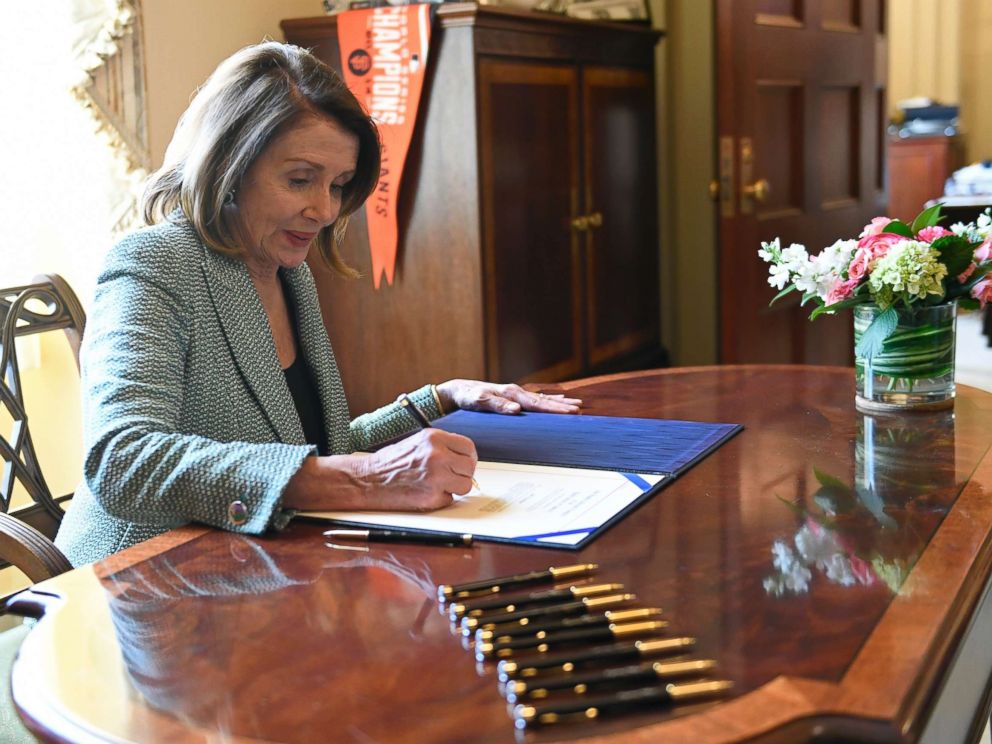 PHOTO: House Speaker Nancy Pelosi of Calif., signs H.J. Res 46, a disapproval resolution that blocks President Trumps national emergency declaration, on Capitol Hill in Washington, March 14, 2019.
