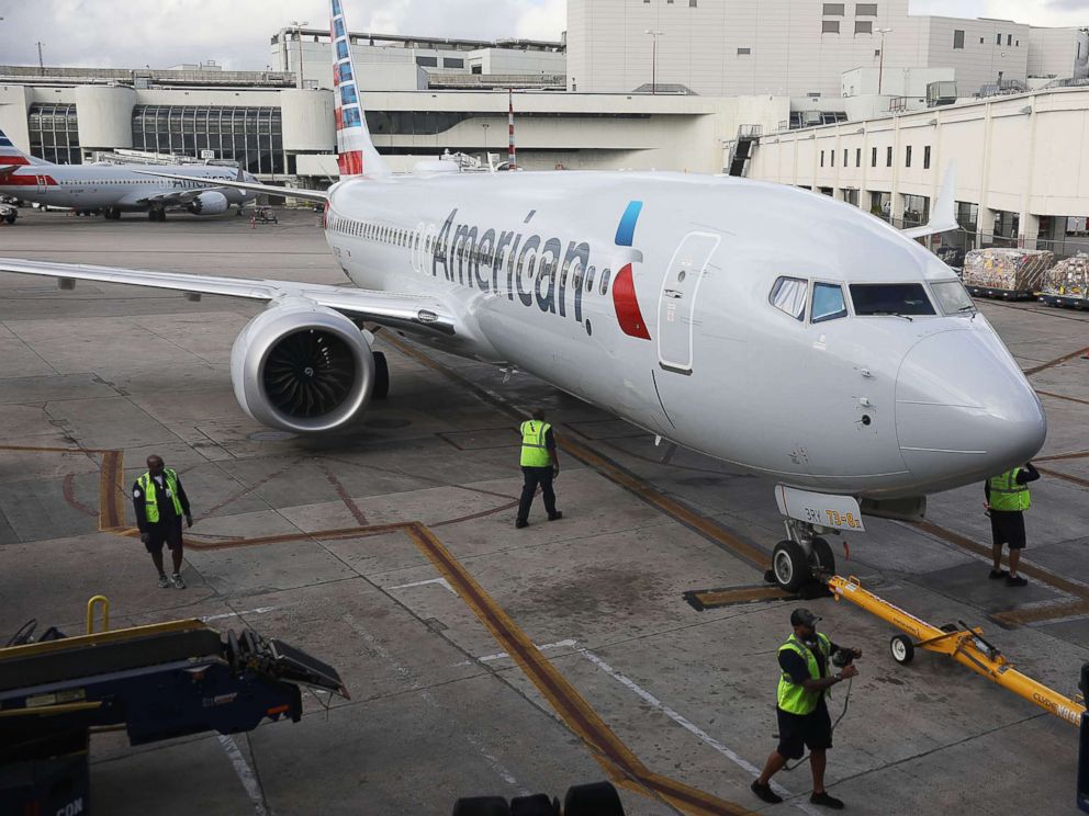 PHOTO: American Airlines Boeing 737 Max 8 pulls into its gate after arriving at the Miami International Airport from Saint Thomas, March 13, 2019, in Miami.