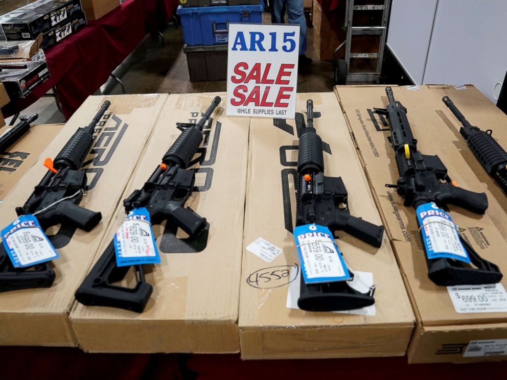 PHOTO: AR-15 rifles are displayed for sale at the Guntoberfest gun show in Oaks, Pa., Oct. 6, 2017.