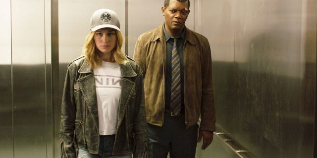 Brie Larson and Samuel L. Jackson as Carol Danvers and Nick Fury in "Captain Marvel"