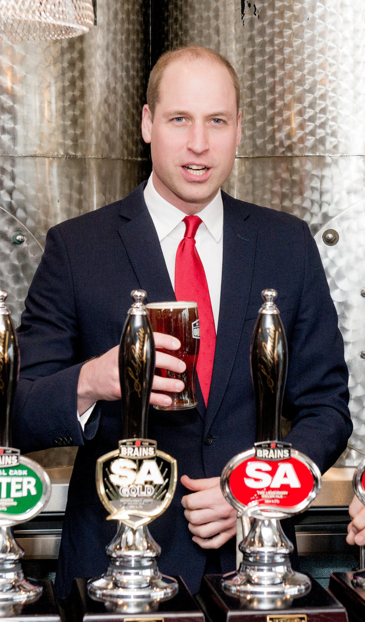 Prince William pulls a pint while officially opening Brains Brewery, before attending the Wales vs Ireland Six Nations Match 