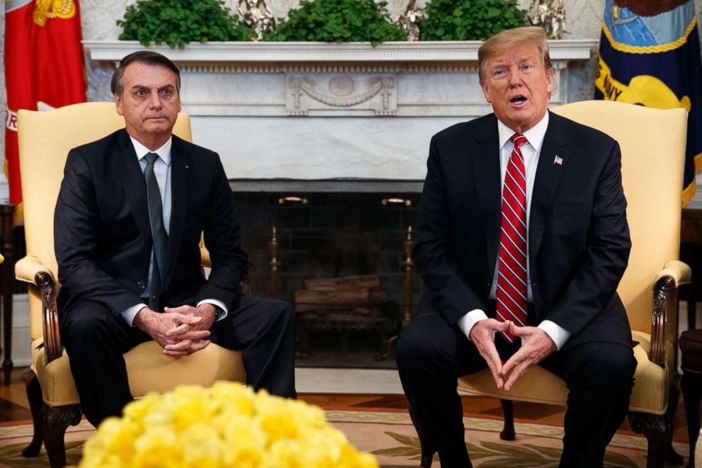 President Donald Trump speaks during a meeting with Brazilian President Jair Bolsonaro in the Oval Office of the White House, March 19, 2019.