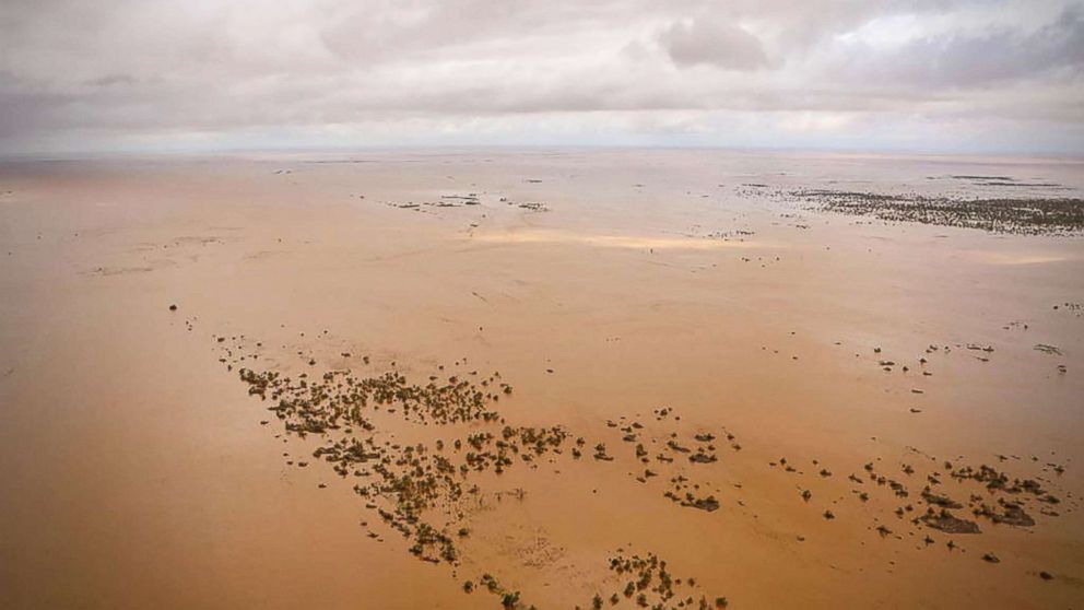 An aerial view shows the flooded plane surrounding Beira, central Mozambique, March 20, 2019, after the passage of cyclone Idai.