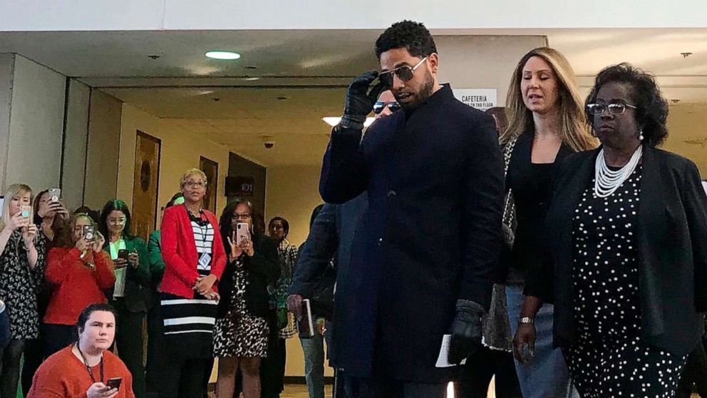 Empire actor Jussie Smollett arrives at a news conference after a hearing at the Leighton Criminal Court Building, March 26, 2019, in Chicago. Smollett attorneys Tina Glandian and Patricia Brown Holmes said in a Tuesday morning statement that Smollett's record "has been wiped clean."