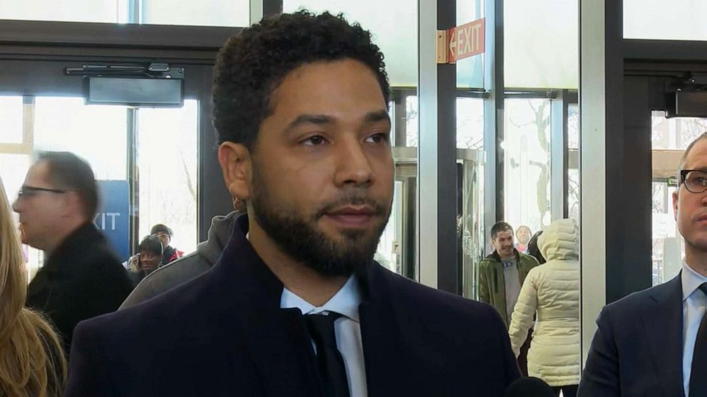 Actor Jussie Smollett speaks to the press after all charges were dropped against him in Chicago, March 26, 2019.