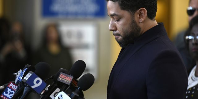 Actor Jussie Smollett talks to the media before leaving Cook County Court after his charges were dropped Tuesday, March 26, 2019, in Chicago. (AP Photo/Paul Beaty)