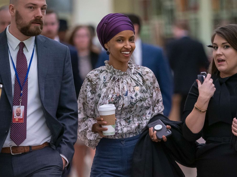 PHOTO: Rep. Ilhan Omar walks through an underground tunnel at the Capitol as top House Democrats plan to offer a measure that condemns anti-Semitism in the wake of controversial remarks by the freshman congresswoman, in Washington, D.C., March 6, 2019.