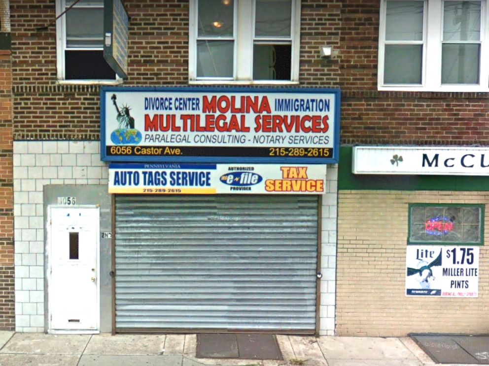 PHOTO: The storefront of Molina Multilegal Services in Philadelphia, Penn., can be seen in an undated image from Google Maps Street View.