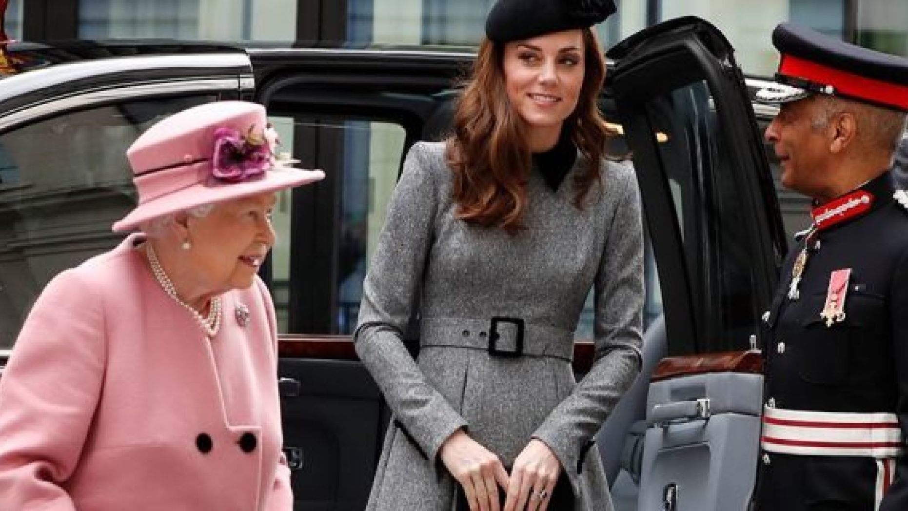 Britains' Queen Elizabeth II accompanied by Kate, Duchess of Cambridge arrives at Kings College in London, Tuesday, March 19, 2019. The Queen and Kate Duchess of Cambridge, will visit King's College London, Tuesday, to open Bush House, the latest education and learning facilities on the Strand Campus.