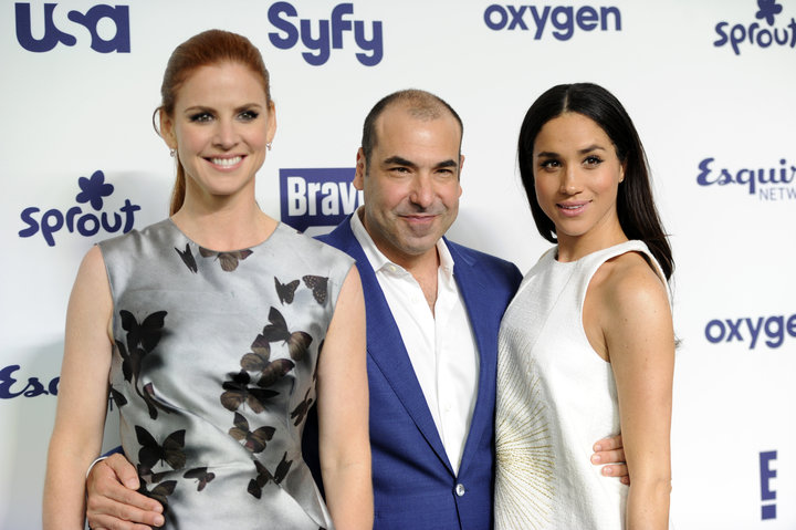 The former actress with fellow "Suits" cast members Sarah Rafferty and Rick Hoffman at the NBCUniversal Cable Entertainment 2