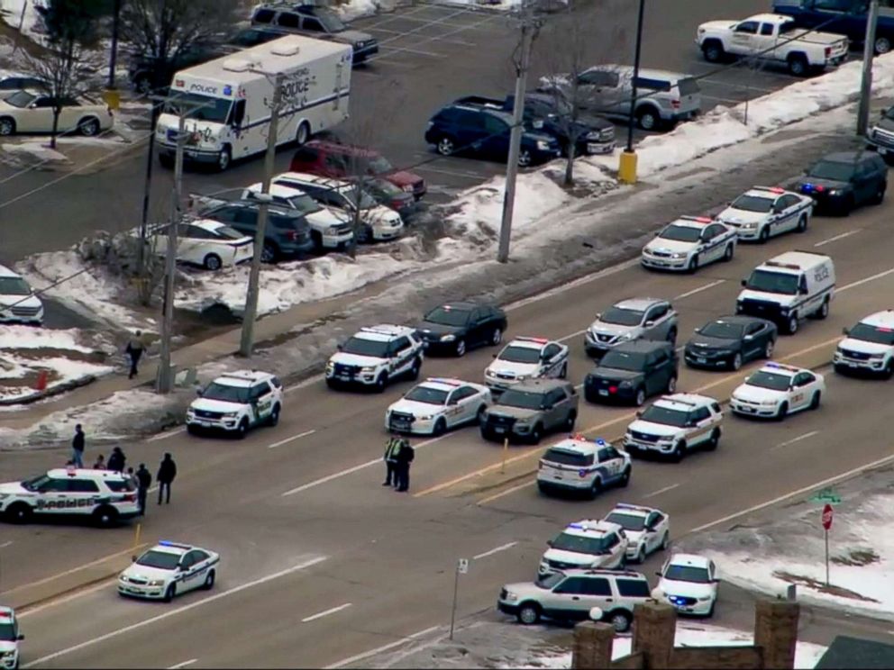 PHOTO: Heavy police presence seen outside an Extended Stay hotel in Rockford Ill., where an active shooter was reported on March 7, 2019