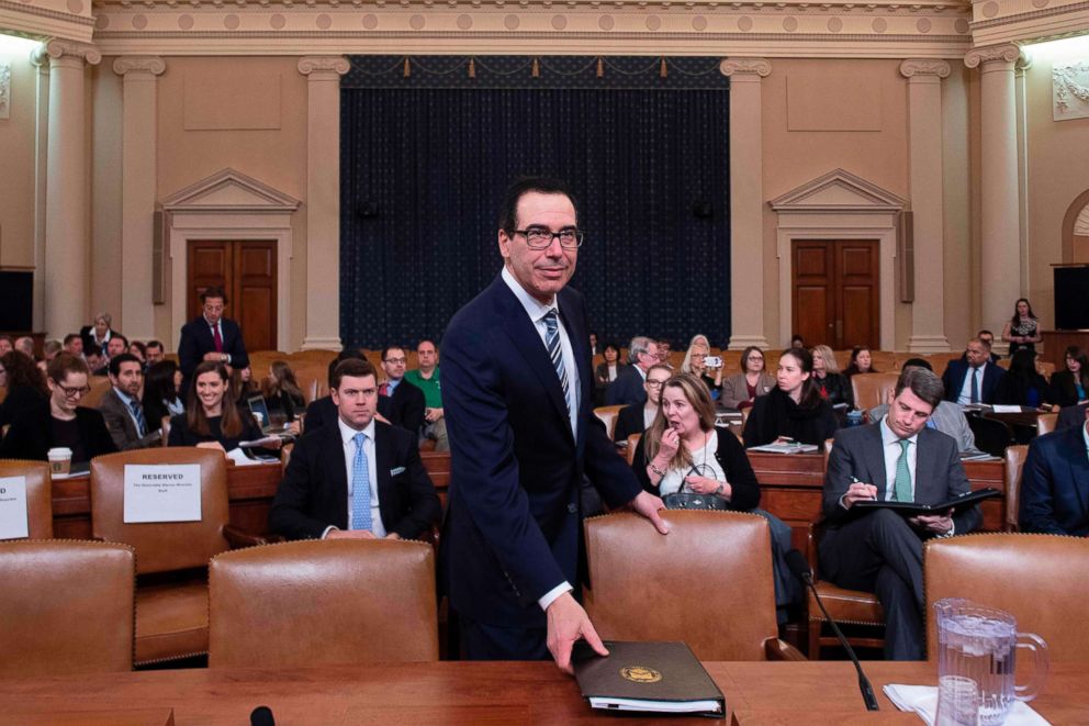PHOTO: Treasury Secretary Steven Mnuchin prepares to testify on The Presidents FY2020 Budget Proposal before the House Ways and Means Committee on Capitol Hill in Washington, D.C, March 14, 2019. 