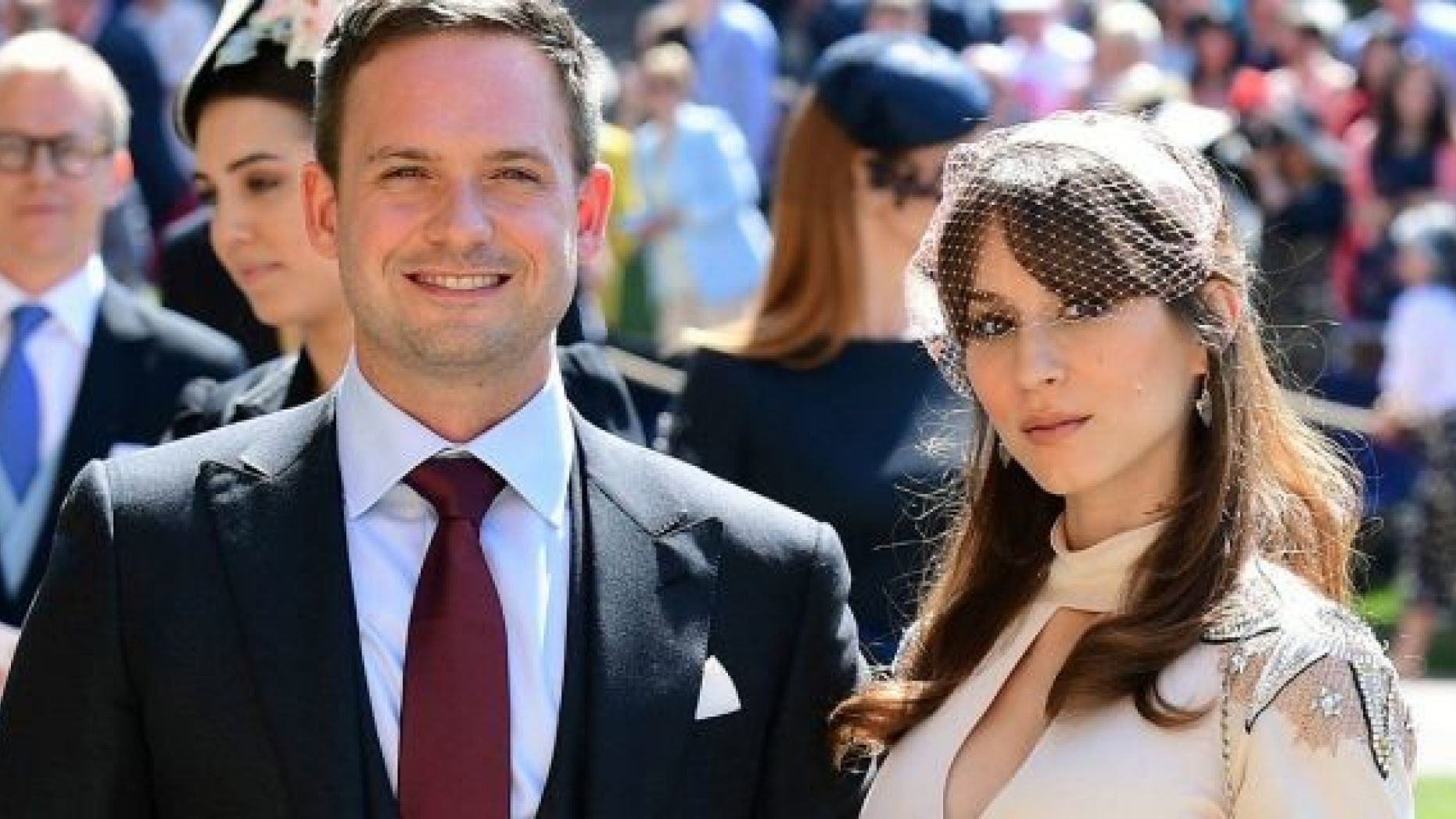 Patrick J. Adams and wife Troian Bellisario arrive for the wedding ceremony of Prince Harry and Meghan Markle at St. George's Chapel in Windsor Castle.