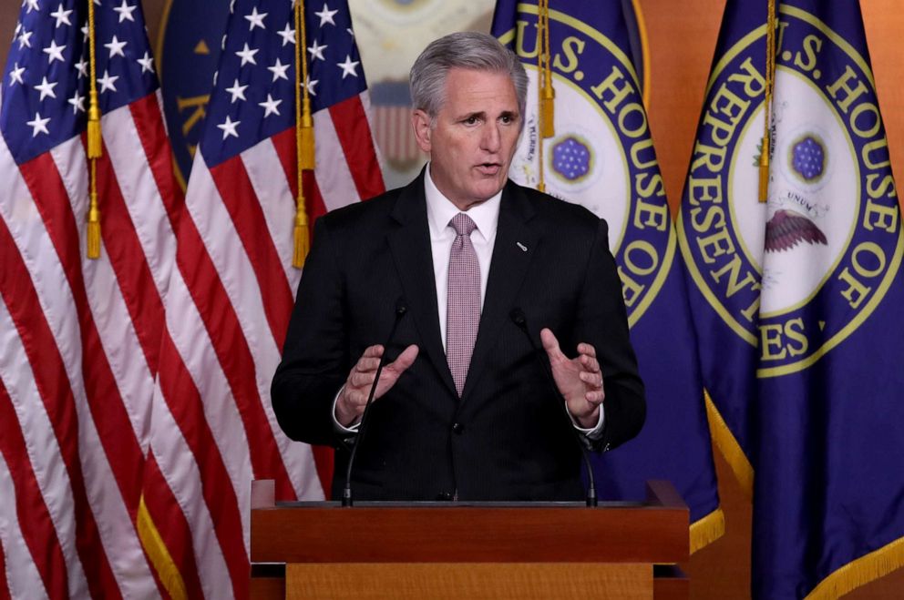 House Minority Leader Kevin McCarthy (R-CA) answers questions during his weekly news conference at the Capitol, March 28, 2019.