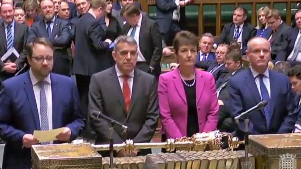 A grab from a handout video shows the four tellers announcing the result of the business motion to the Speaker of the House in the British House of Commons at Westminster, London, March 27, 2019. The British Houses of Parliament are due to hold a number of indicative votes on the direction of Brexit later in the day.
