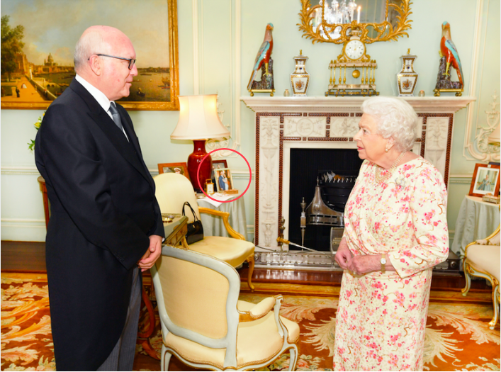Queen Elizabeth II and the Honorable George Brandis, the Australian High Commissioner to the U.K., at Buckingham Palace in 20